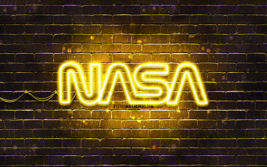 NASA yellow logo, , yellow brickwall, NASA logo, fashion brands, NASA neon logo, NASA HD wallpaper