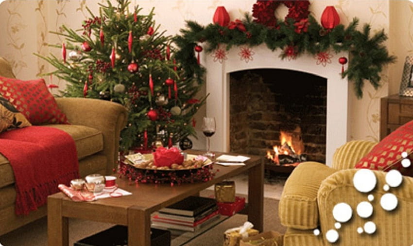 Decorazione del caminetto natalizio, decorazione, architettura, albero di Natale, camino, interno, casa Sfondo HD