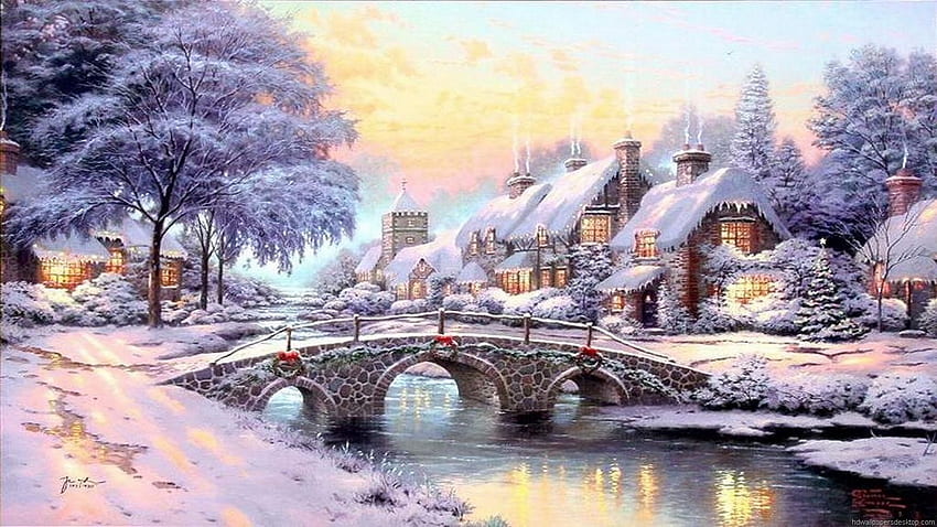 Thomas Kinkade Musim Dingin, Lukisan Natal Wallpaper HD