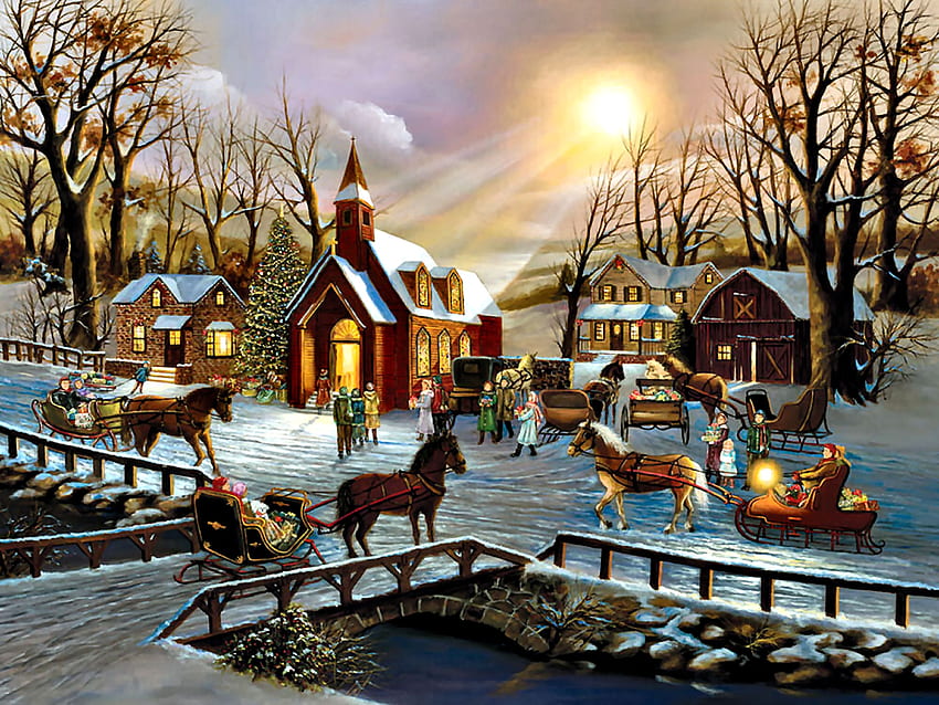 A Christmas Wish F1, winter, December, architecture, art, landscape, beautiful, illustration, church, artwork, scenery, occasion, wide screen, holiday, painting, snow, cottage HD wallpaper