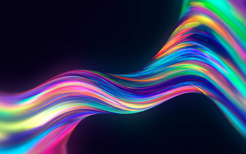 gelombang neon berwarna-warni,, latar belakang biru, gelombang 3D, kreatif, latar belakang dengan gelombang, gelombang abstrak Wallpaper HD