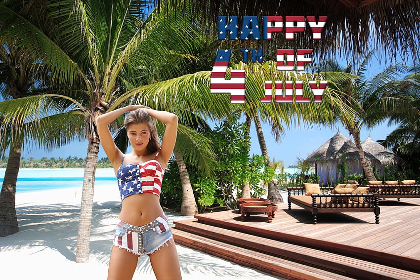 Happy 4th of July America!, model, beach, shorts, brunette, holiday HD wallpaper