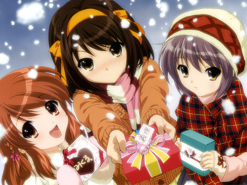 크리스마스 애니메이션 소녀들, 단, 겨울, 눈, 크리스마스, 뜨거운, 아름다운, 선물, 애니메이션 소녀들 HD 월페이퍼