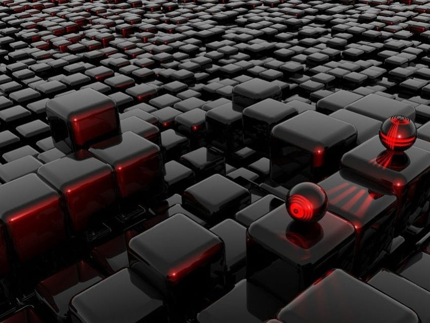 Black and Red Cubes, black, 3d, red, balls, cubes HD wallpaper