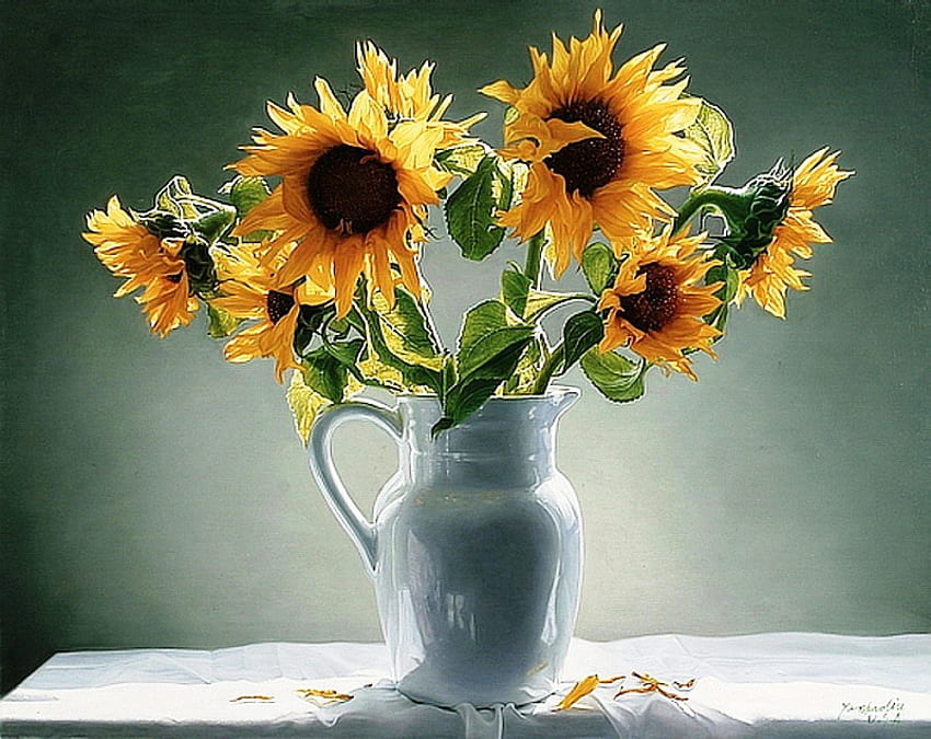 Beautiful sunflower, table, color, graphy, vase, beautiful, sunflower, still life, nature, sun, porcelain HD wallpaper
