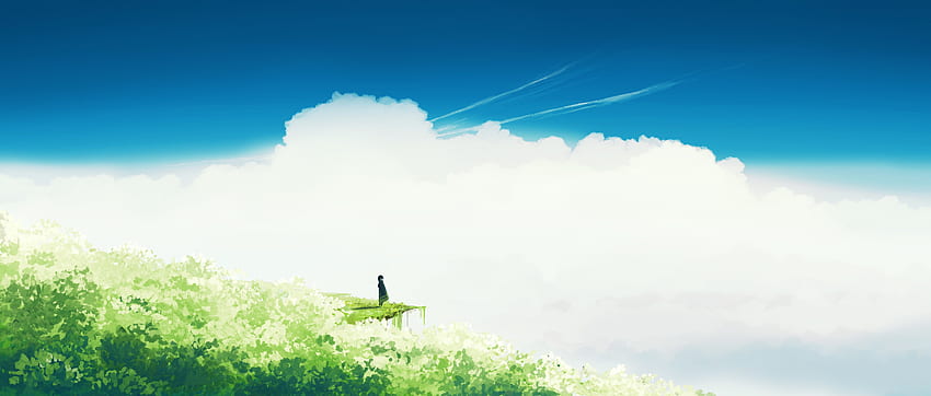Standing where lush green land meets a cloudy sky Ultra . Background, Cloudy Anime HD wallpaper