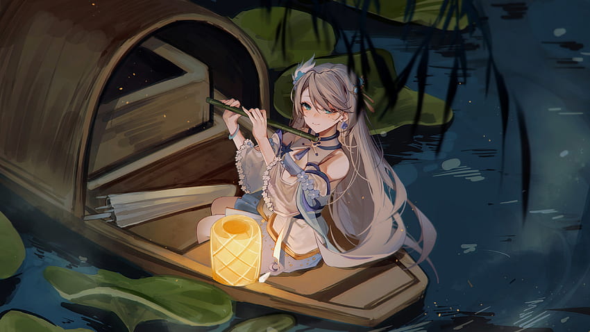 Blue Eyes Anime Girl With Flute Sitting On Boat Anime Girl , Anime Flute HD wallpaper