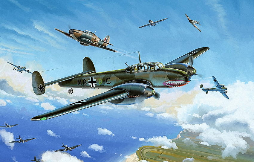 guerra, arte, pintura, Furacão, desenhando, Ww2, He 111, duelo, Bf 110, batalha da Grã-Bretanha, Dover para, seção авиация papel de parede HD