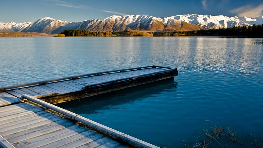 wonderful mountain range, mountains, frozen, dock, lake HD wallpaper