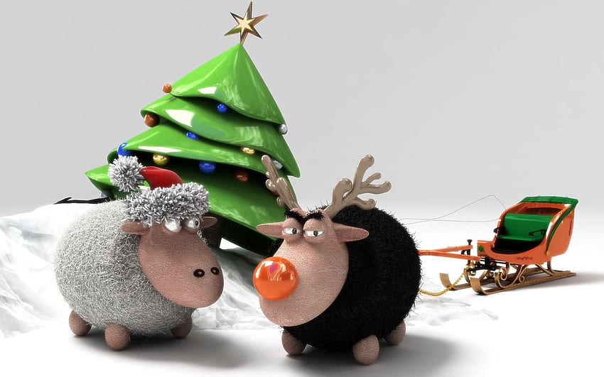Holidays, New Year, Holiday, Christmas Tree, Sheep, Sleigh, Sledge, Sheeps, Meeting HD wallpaper
