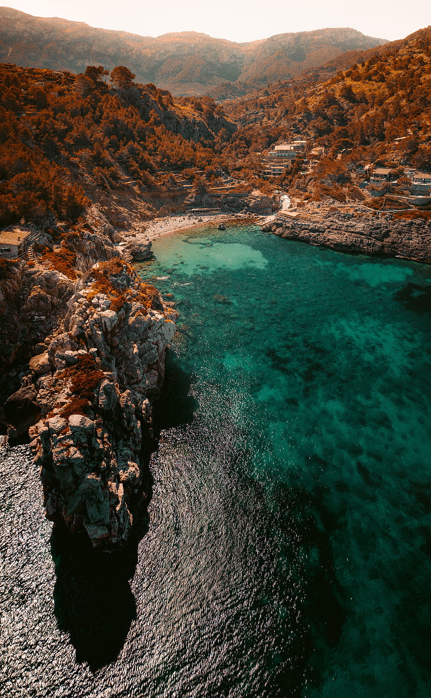 naturaleza, mar, playa, rocas, vista desde arriba, costa, bahía fondo de pantalla del teléfono