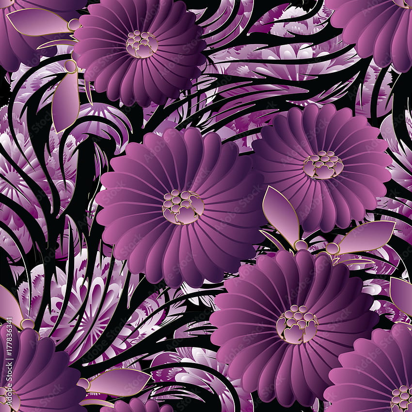 Nahtloses Muster der Blumen 3D. Vektor florale Hintergrundillustration mit handgezeichneten 3D-violetten lila Blüten, dekorativen Blättern und dekorativen Ornamenten aus Strichzeichnungen. Oberflächentextur. Aktienvektor. Adobe Stock, lila 3D-Blume HD-Handy-Hintergrundbild
