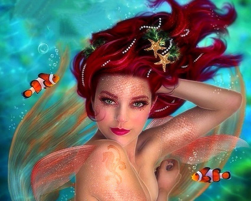 ~Redhead Mermaid~, mermaid, weird things people wear, digital art, creative pre-made, love four seasons, fantasy, manipulation, underwater, redhead, fish HD wallpaper
