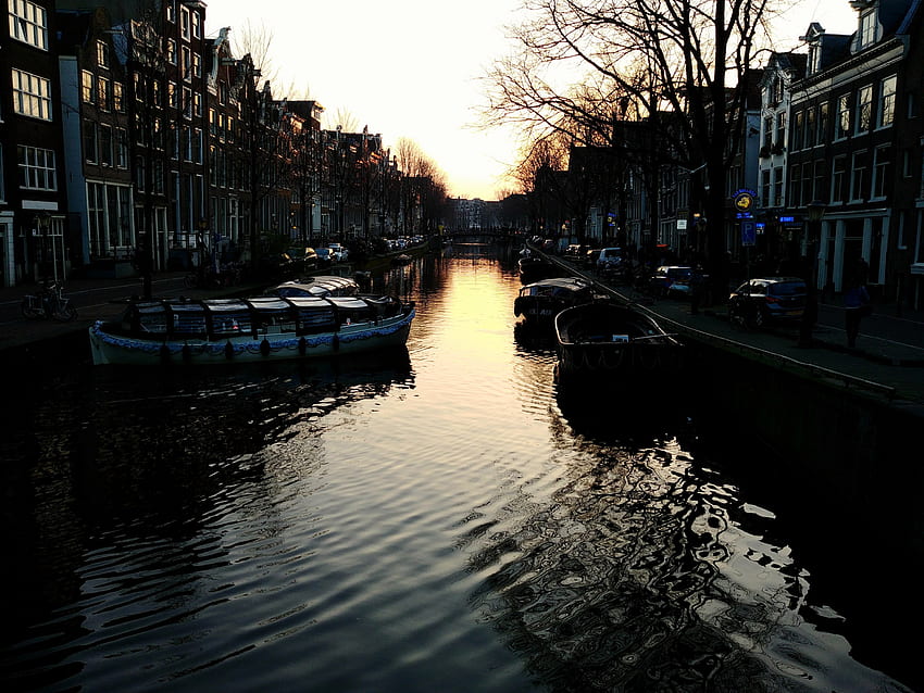 Städte, Sonnenuntergang, Boote, Gebäude, Kanal, Amsterdam HD-Hintergrundbild