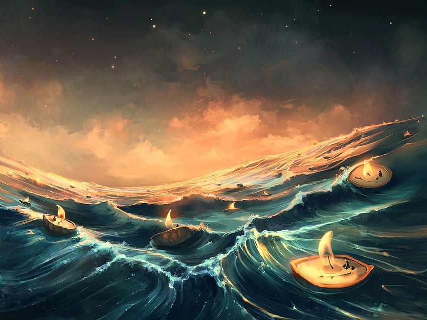 Candles, Fantasy, Art, Sea, Waves HD wallpaper