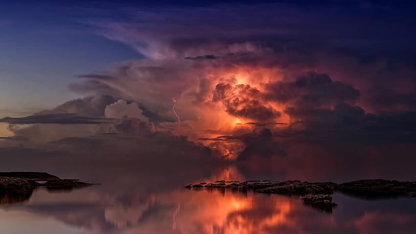 Nature, Twilight, Clouds, Coast, Ocean, Dusk, Thunderstorm, Storm HD wallpaper