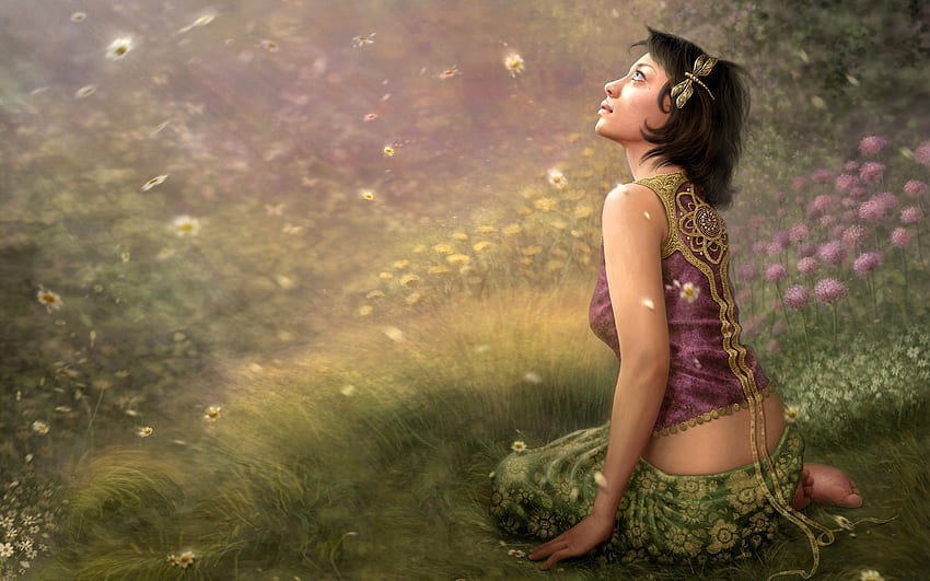 Fantasy, Grass, Sit, Girl HD wallpaper
