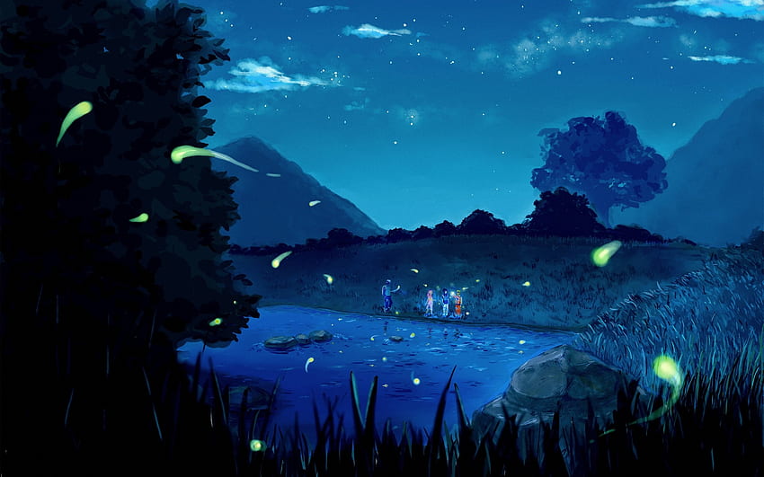 haruno sakura uchiha sasuke naruto shippuden fireflies lakes kakashi hatake night sky team 7 – Anime Naruto HD wallpaper
