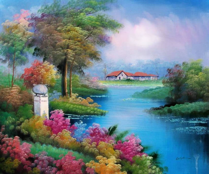 Jardín crepuscular, río, casa, árboles, jardín, colorido fondo de pantalla