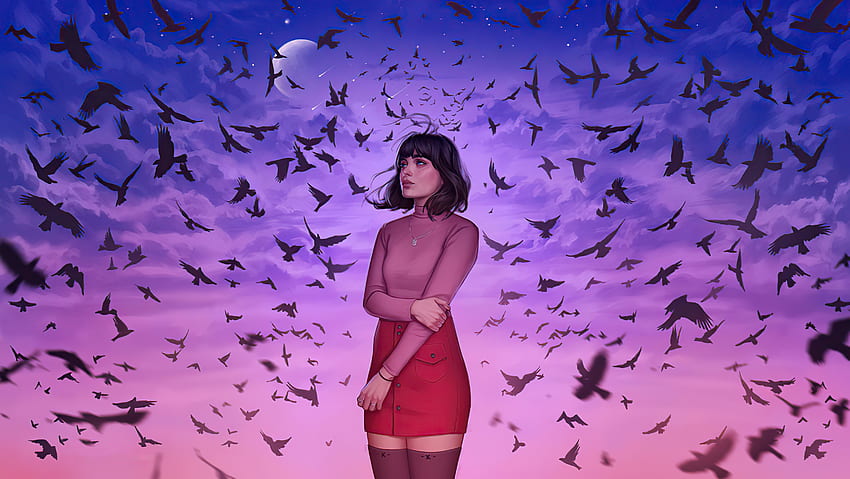 Birds & evening, beautiful teen girl, art HD wallpaper