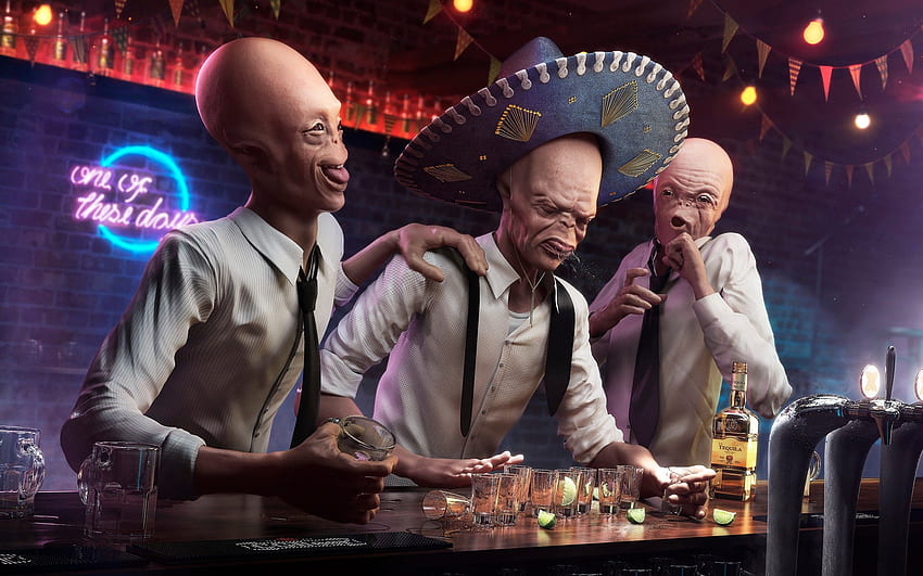 humor, bar, alkohol, lustig, kunstwerk, betrunken, tequila, aliens HD-Hintergrundbild