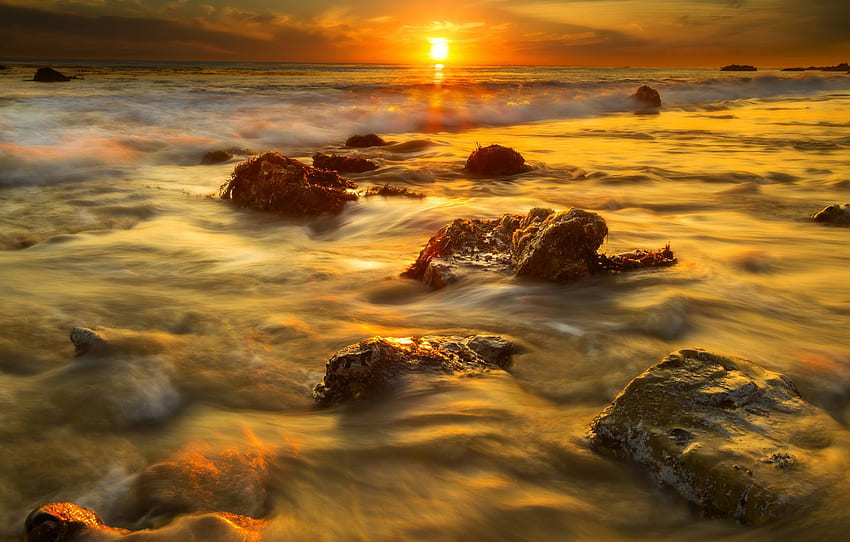 beach, the sun, algae, sunset, stones, CA, Malibu for , section пейзажи, Malibu Beach Sunrise HD wallpaper