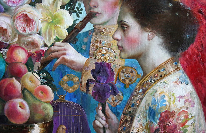 :), flower, pictura, face, fruit, olga suvorov, blue, flute, iris, art, man, woman, painting HD wallpaper
