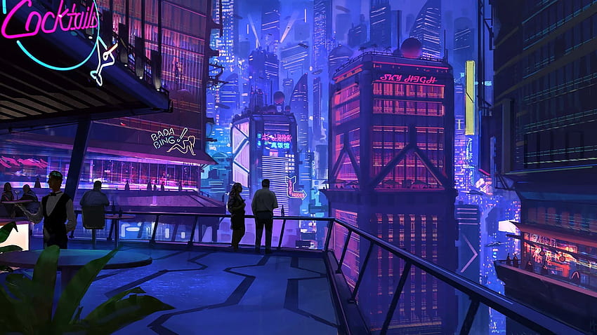 Różowa i szara animowana ilustracja budynków, grupa osób stojących przed neonowym budynkiem. Miasto Cyberpunk, miasto science fiction, ilustracja budynku, estetyka budynku Tapeta HD