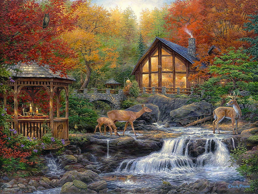 beautiful place, artwork, animals, forests, nature, paintings, houses HD wallpaper