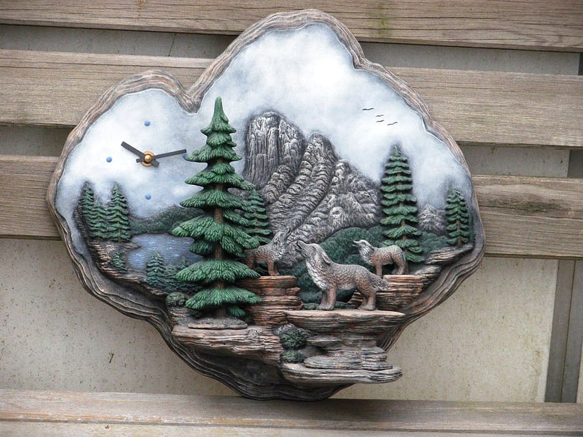 Horloge avec des loups sur une clôture en bois, des trois, des loups, de la fantaisie, de l'art, du ciel, de la nature, de l'horloge, des montagnes Fond d'écran HD