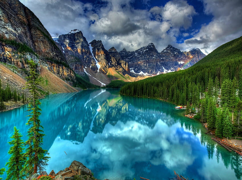 Danau gunung kristal, biru, sungai, kristal, puncak, ketenangan, bagus, pantai, refleksi, perahu, pohon, tanaman hijau, air, tenang, lereng, indah, batu, danau, musim panas, cermin, kano, pemandangan, awan, alam, langit, cerah, indah, ketenangan Wallpaper HD