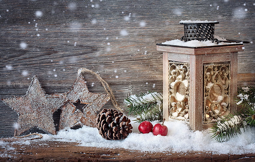 Christmas Lantern Snow Candles Pine cone HD wallpaper