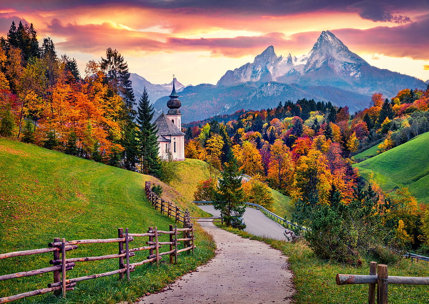 Autumn in Bavaria, village, hills, fall, path, church, mountain, fence, Bavaria, autumn, trees, Germany, forest, sunset HD wallpaper