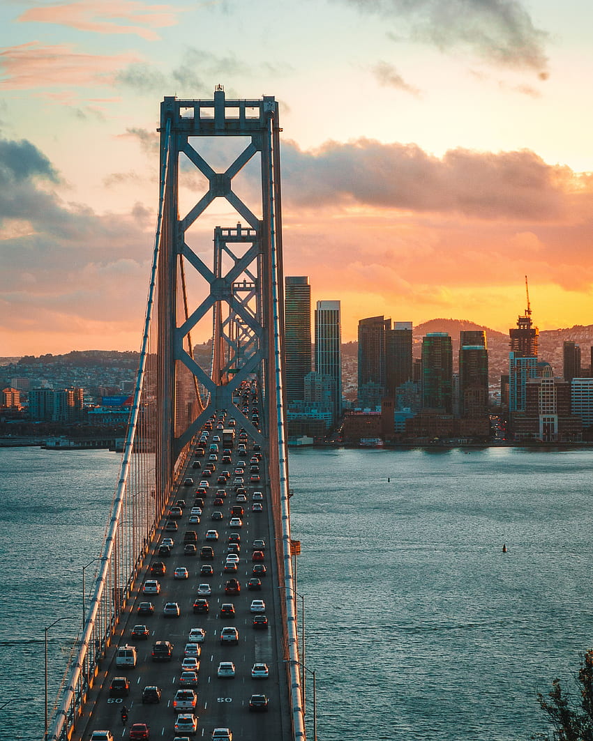 Städte, Sonnenuntergang, USA, Stadt, Bewegung, Verkehr, Brücke, Vereinigte Staaten, San Francisco HD-Handy-Hintergrundbild