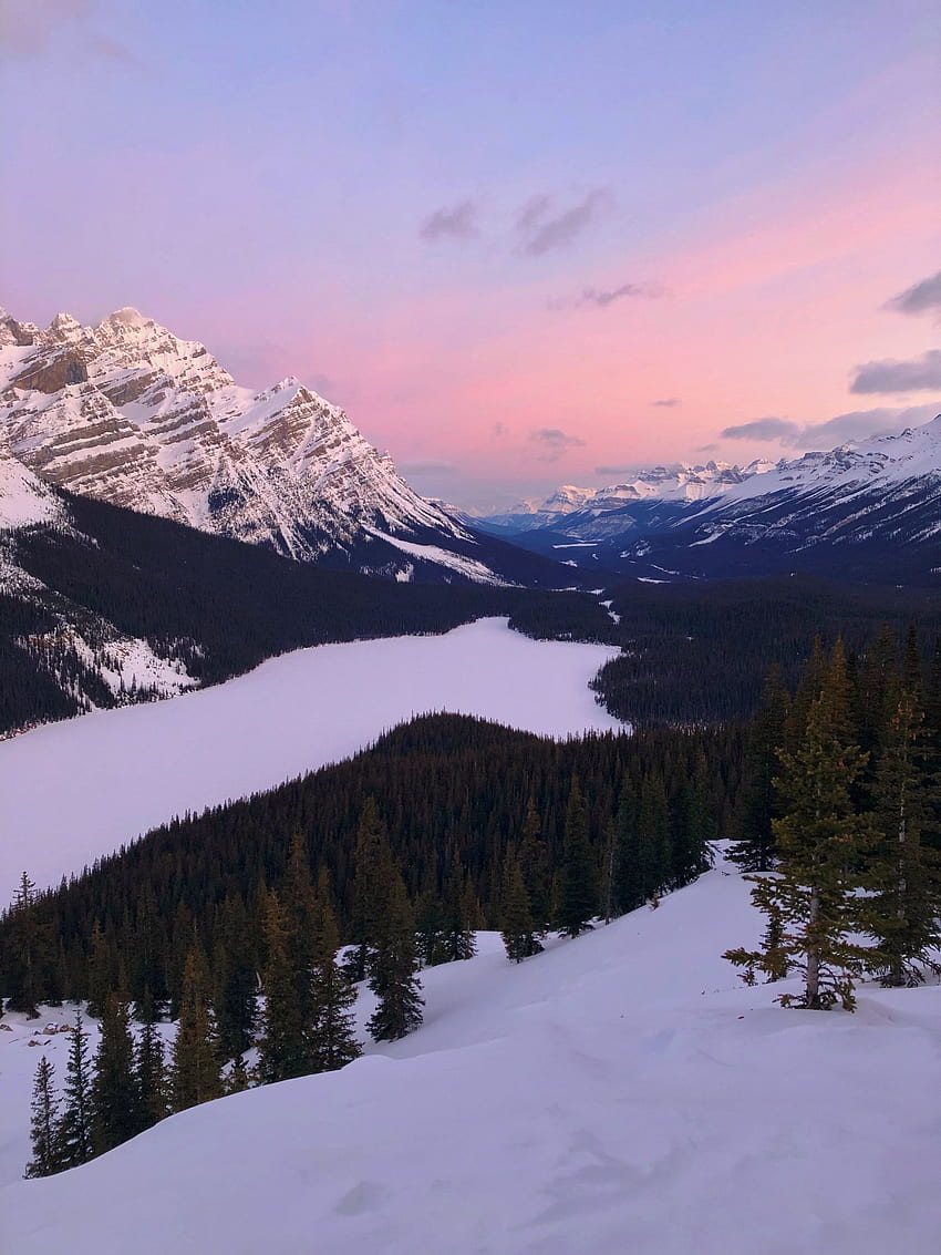 See, Sonnenuntergang, Berge, Wald, Kanada HD-Handy-Hintergrundbild