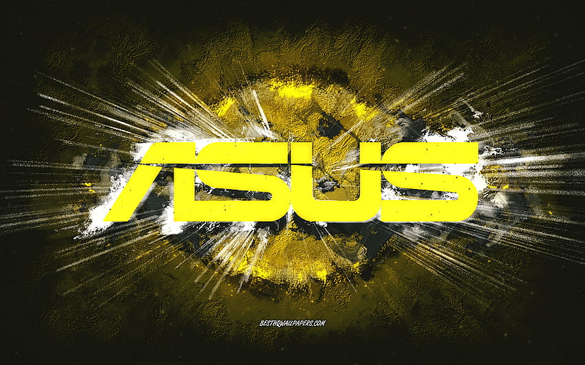 Asusのロゴ、グランジアート、黄色の石の背景、Asusの黄色のロゴ、Asus、クリエイティブアート、Asusのグランジのロゴ 高画質の壁紙