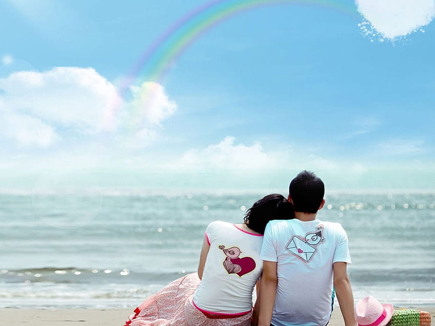 Couple Seating With A Rainbow Pic - Romantic HD wallpaper