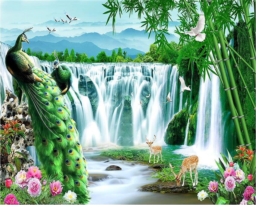 US $8.85 41% オフ。 Beibehang カスタム 3D 家の装飾壁画孔雀水豊富な宝庫の風景風景テレビの背景の壁 3D で 高画質の壁紙