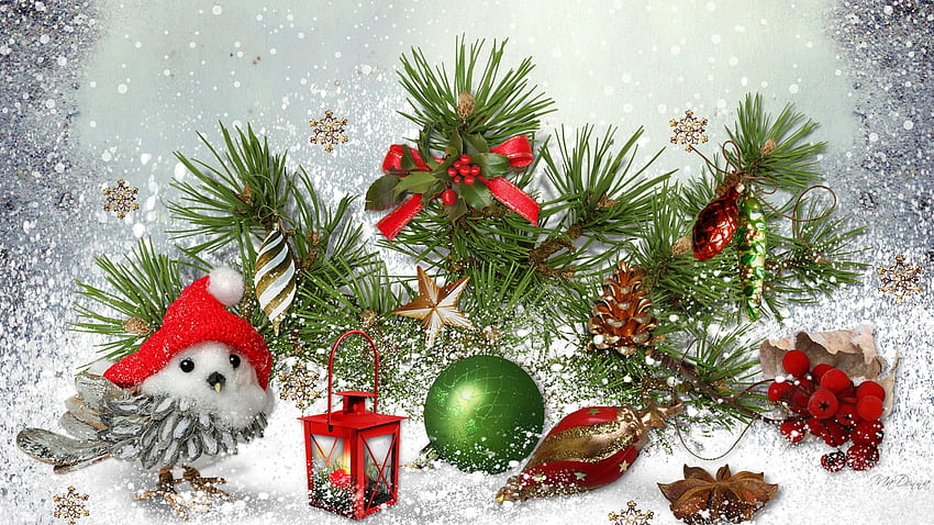 Little Christmas Bird, zima, Feliz Navidad, zimozielony, wstążki, gwiazdy, motyw Firefoksa, płatki śniegu, wakacje, Boże Narodzenie, śnieg, dekoracje, świętować, latarnia Tapeta HD