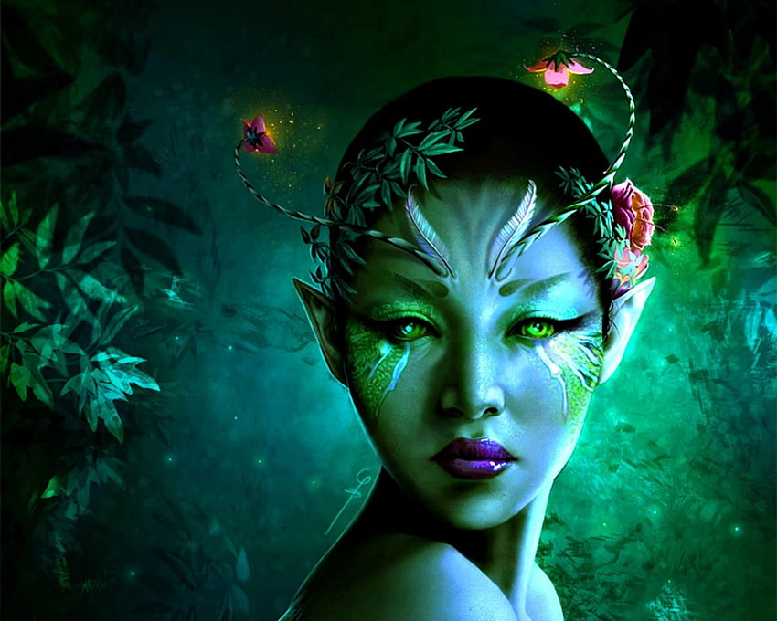 Fae, art, girl, woman, gothic-icecream, fantasy, green, face, luminos HD wallpaper
