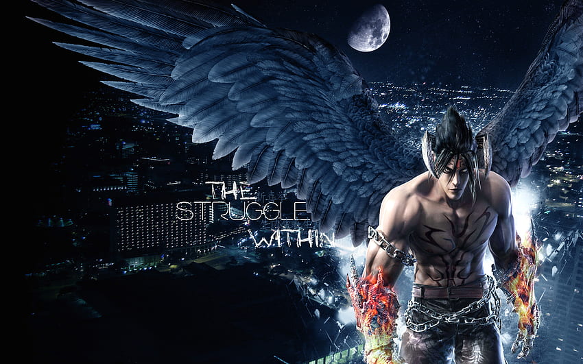 Devil Jin, wings, video game, jin, city, moon, devil, tekken HD wallpaper