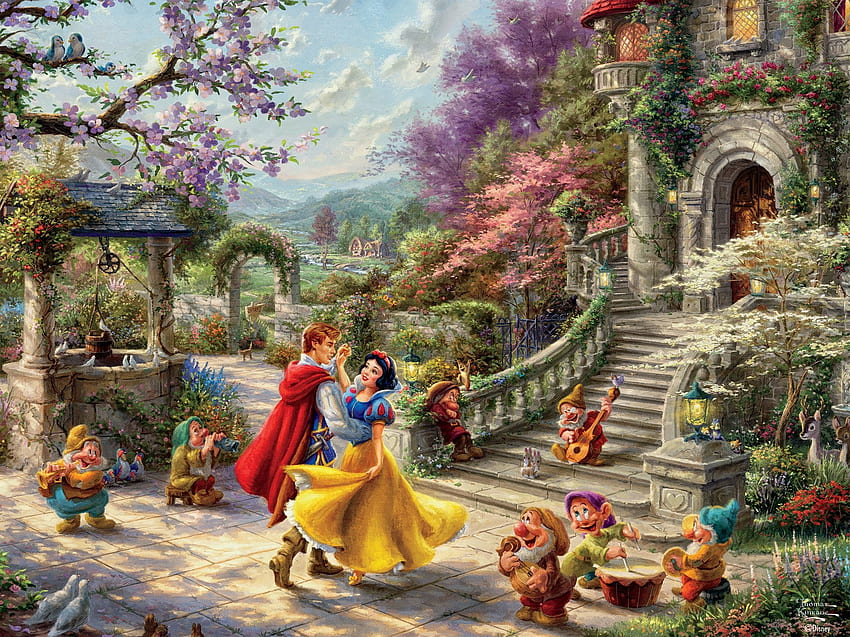 Snow White dancing in the sunlight, couple, snow white, dwarf, frumusete, dance, art, gorgeous, gnome, superb, fantasy, thomas kinkade, prince HD wallpaper