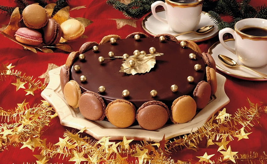 Joyeuse Birtay Hazel! (Beautiful-Life), sucré, doré, chocolat, coolies, paillettes, dessert, nourriture, gâteau, étoile, tasses, noël, rouge, café, feuille, macarons Fond d'écran HD