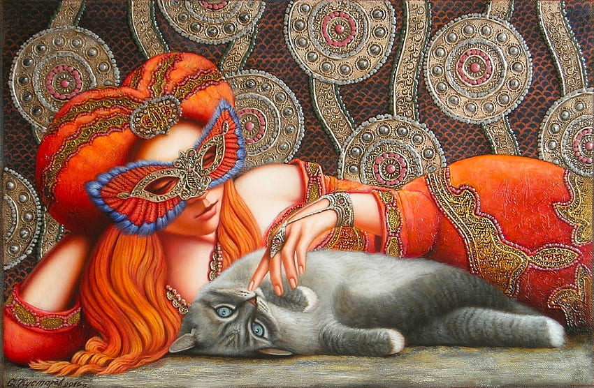 女の子と彼女の猫、アート、ファンタジー、マスク、猫、女の子、オレンジ、女性、美しい、デジタル 高画質の壁紙