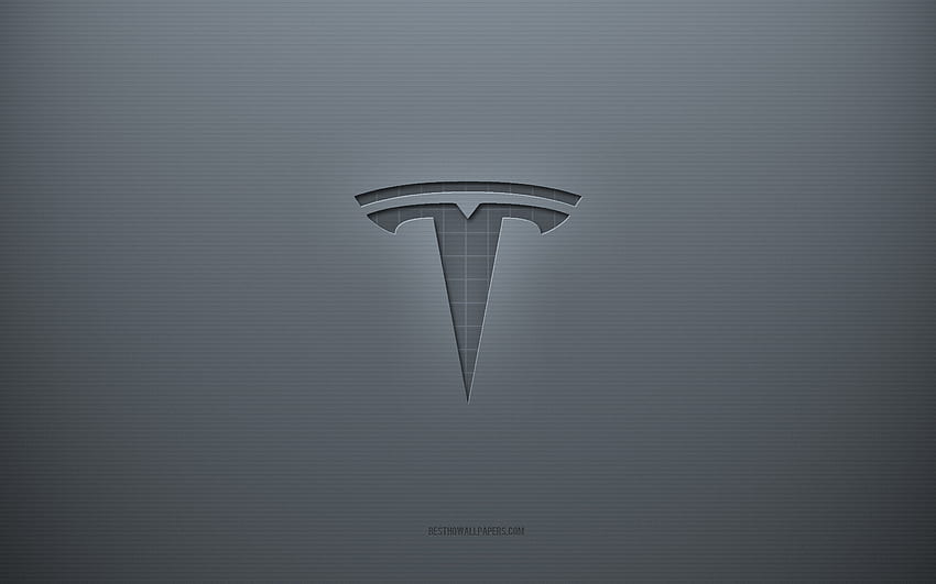 Logo Tesla, latar belakang kreatif abu-abu, lambang Tesla, tekstur kertas abu-abu, Tesla, latar belakang abu-abu, logo Tesla 3d Wallpaper HD