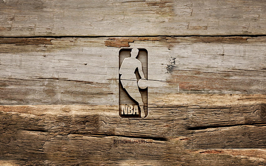 NBA 木製ロゴ、木製背景、全米バスケットボール協会、NBA ロゴ、クリエイティブ、木彫り、NBA 高画質の壁紙