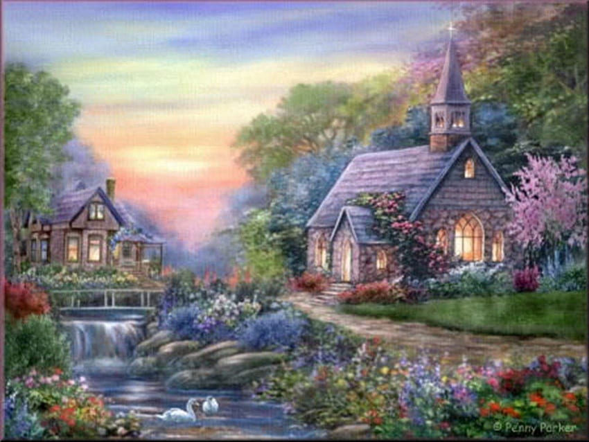 Church House, アートワーク, 風景, ビュー, 自然, 絵画, 家, 美しさ 高画質の壁紙