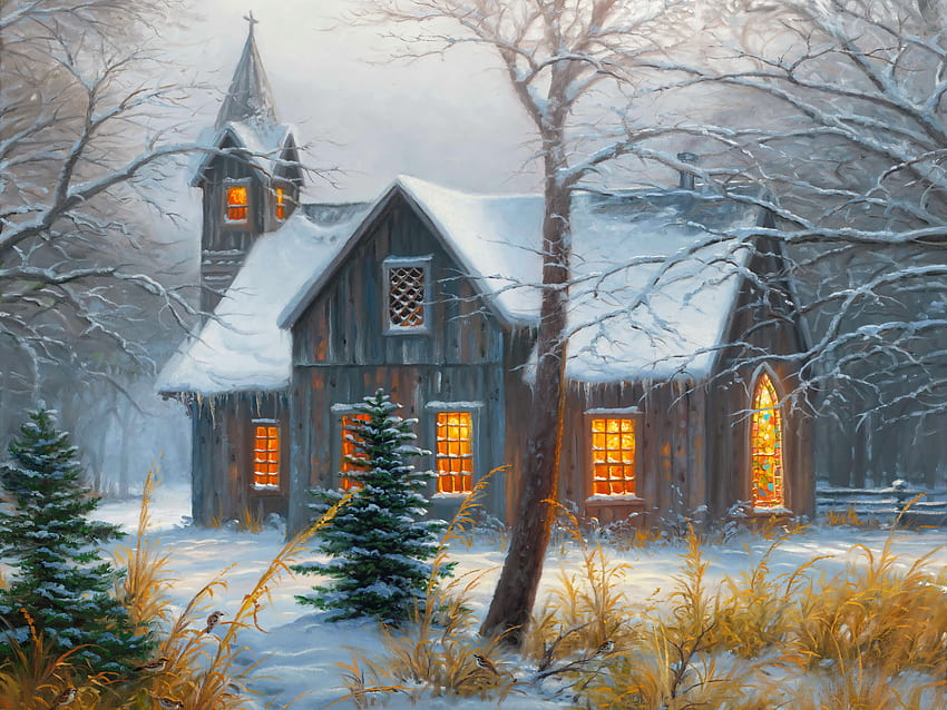 Moment of silence, church, asnow, silence, winter, frost, , cold, beautiful, painting, warmth, lights, snow, moment HD wallpaper