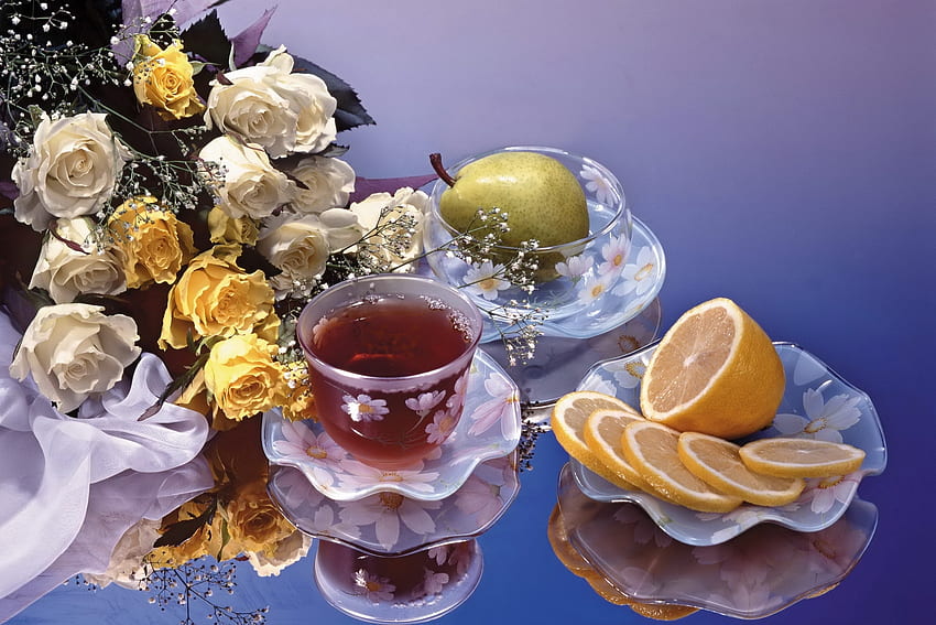 Blumen, Rosen, Blumenstrauß, Zitrone, Tee, Birne HD-Hintergrundbild