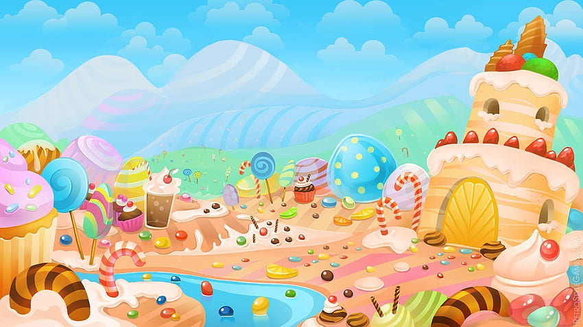 Candyland-Hintergrund. Essbare Königreiche, süße Cartoon-Süßigkeit HD-Hintergrundbild